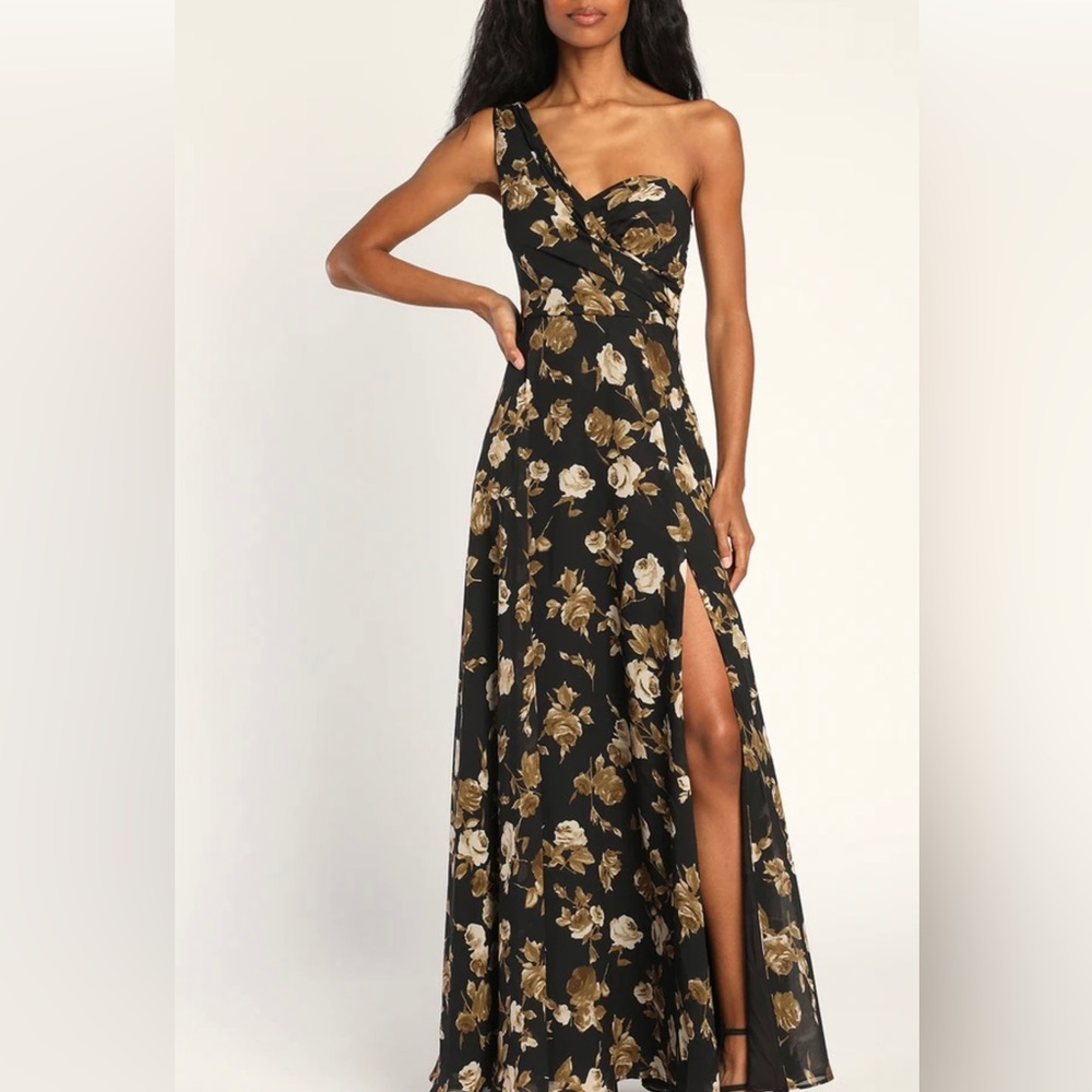 Lulus fashionably refined black floral print one- shoulder maxi dress